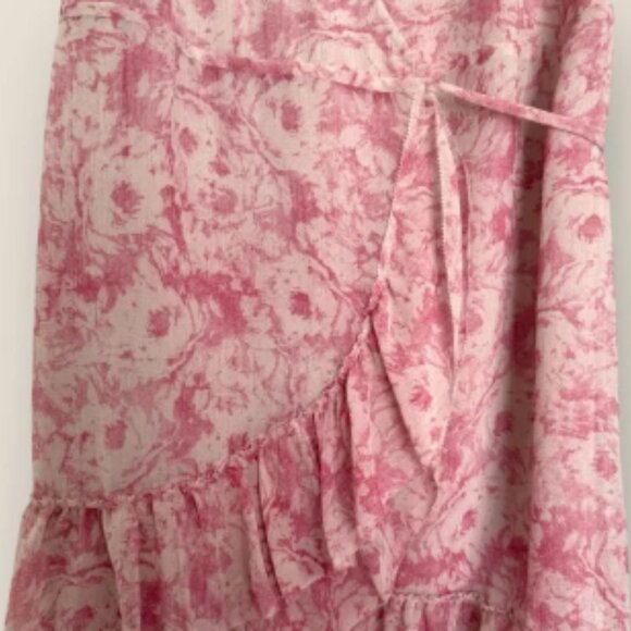 AllSaints Pink Floral Wrap Dress Size Small Ruffle Hem - Picture 3 of 7